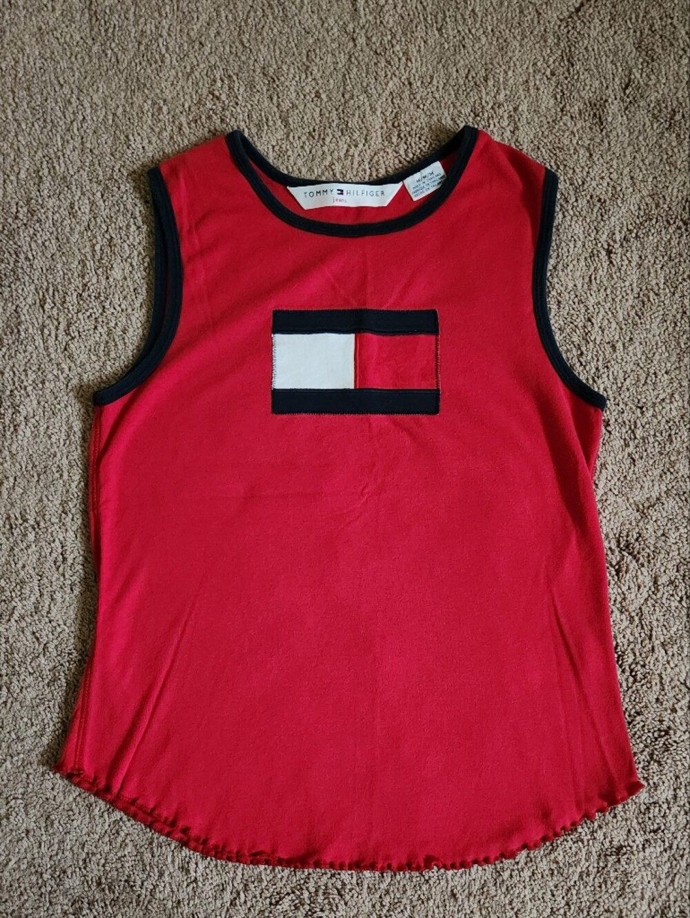 Vintage Y2K Tommy Jeans Logo Cherry Red Lettuce Trim Sleeveless Tank Top 90s Med